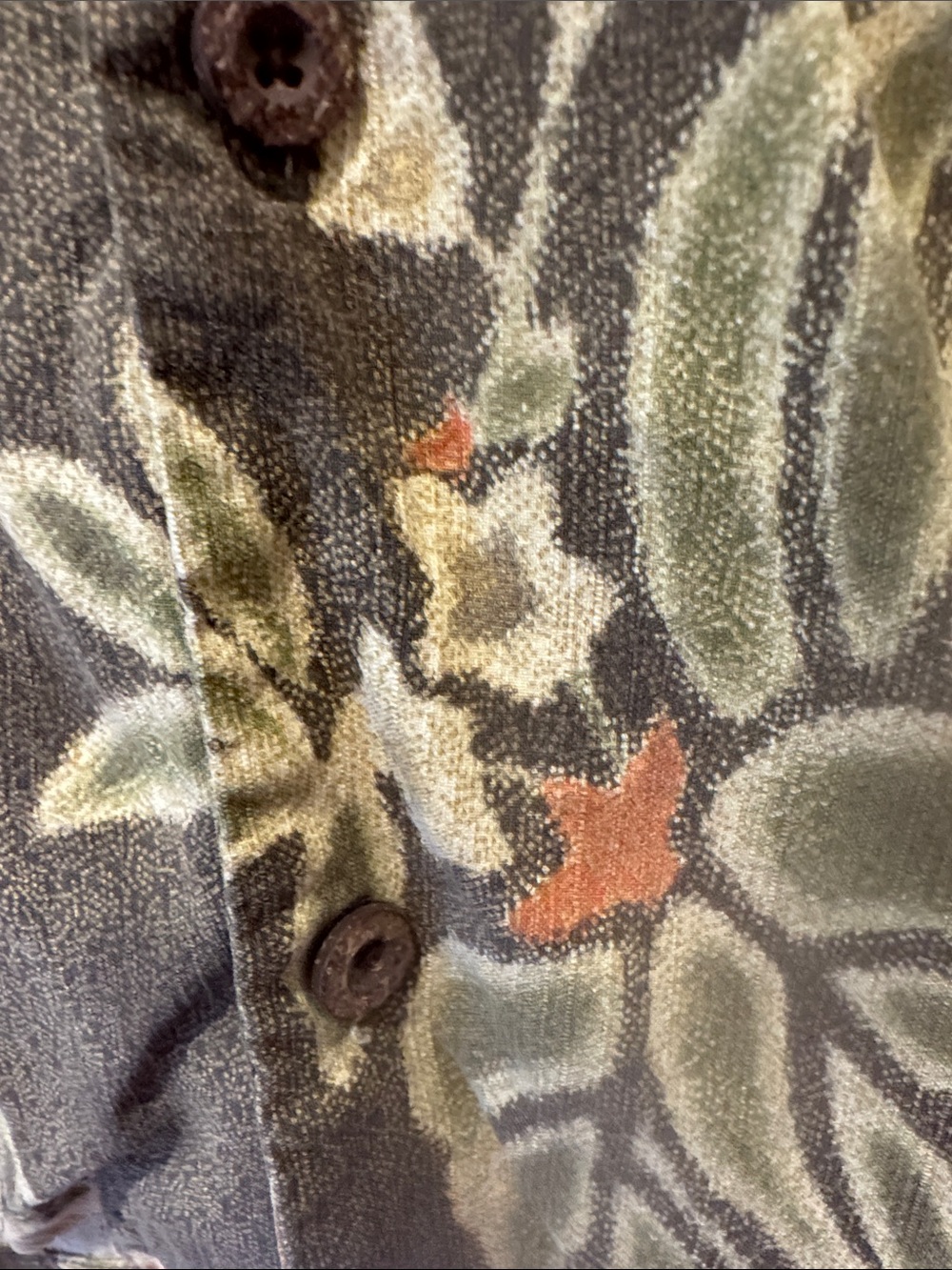 Tommy Bahama Olive Green Floral Camp Shirt with Cream and Orange Accents - Picture 4 of 4